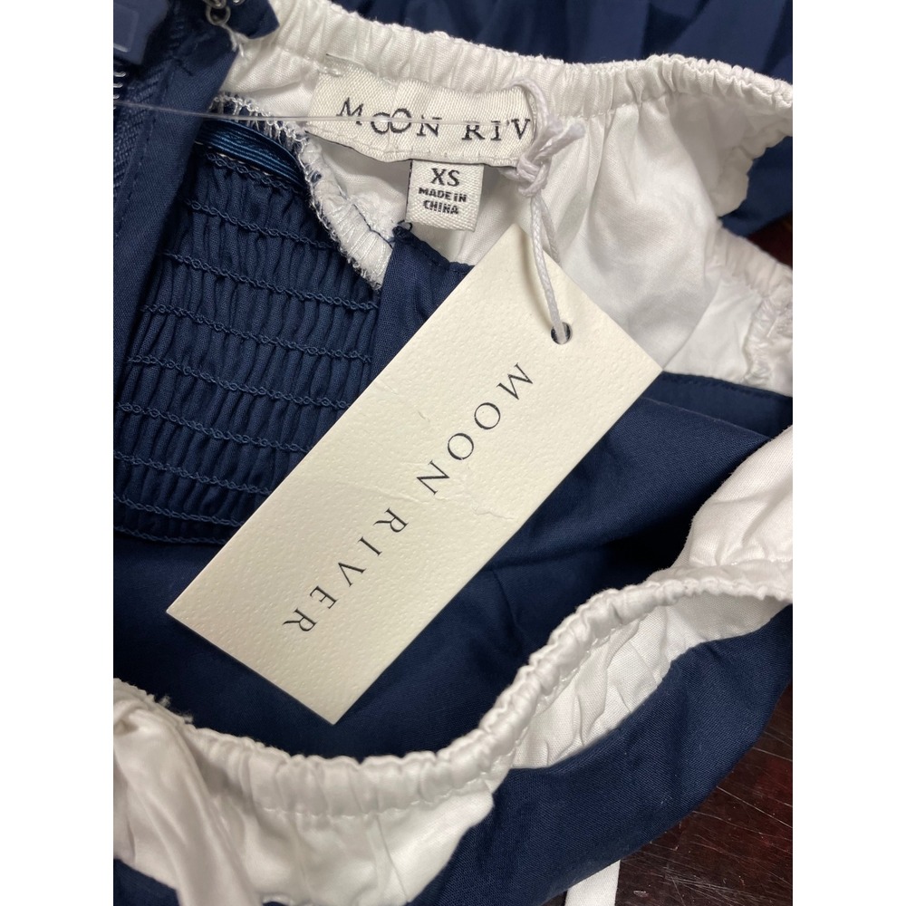Moon River Blue White Smocked Fit Flare Midi Dress Cotton Milkmaid Cottage XS - Picture 14 of 16